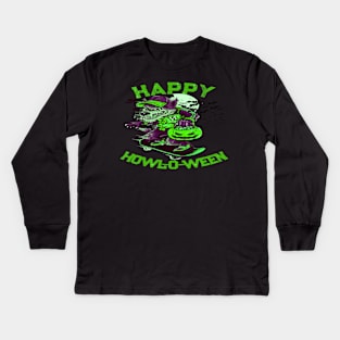 Happy Howl-o-ween Wolf Riding on Skateboard Kids Long Sleeve T-Shirt